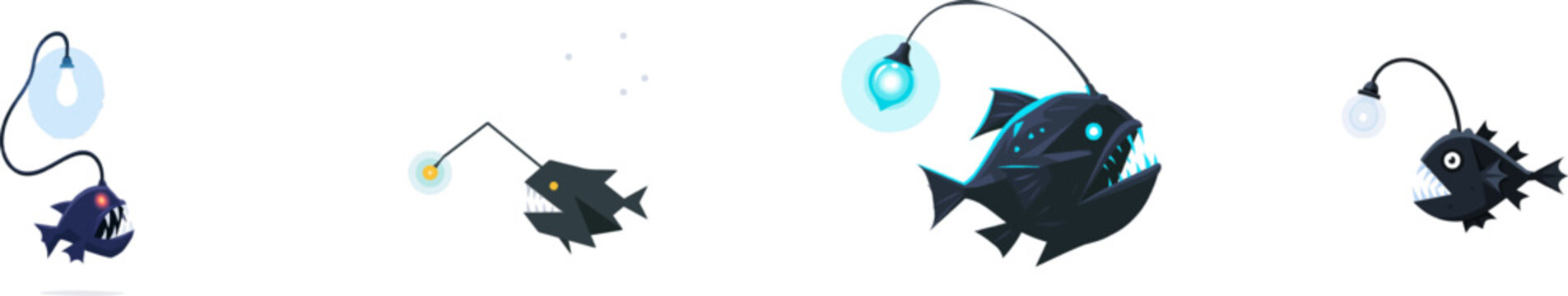 A deep-sea flat vector illustration of an anglerfishs bioluminescent lure glowing brightly with soft blue light, attached to a dark geometric fish shape, eerie and clean style, isolated on a solid