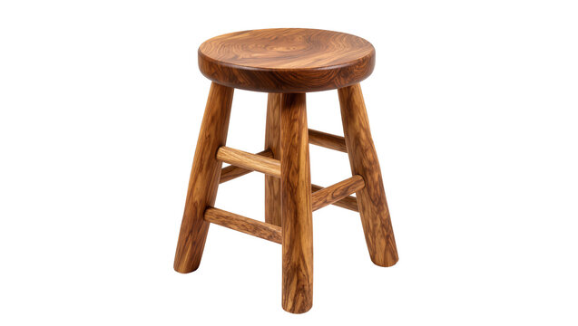 Rustic wooden stool with three legs and crossbars, isolated on transparent background
