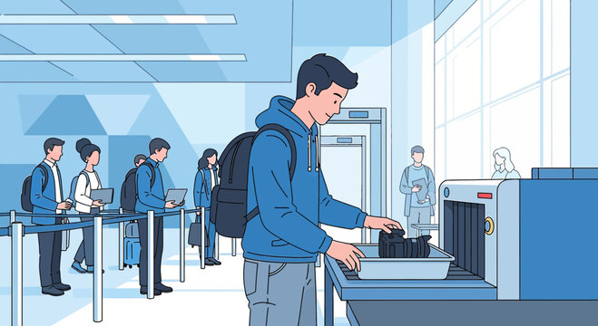 Traveler at Airport Security, Placing Items in X-ray Scanner