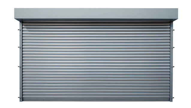 Closed metal security roller shutter door, isolated on transparent background