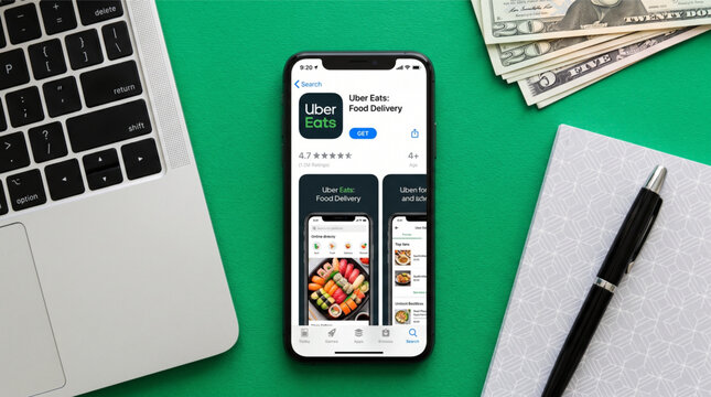 Smartphone displaying the Uber Eats food delivery application on the App Store interface in a workspace environment with a laptop keyboard, notebook, pen, and US dollar banknotes on green background