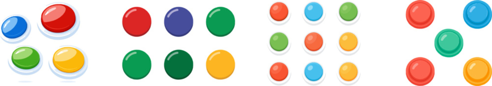 A set of vibrant retro arcade buttons in red, blue, green, and yellow is depicted with glossy reflections and clean outlines against a solid white background
