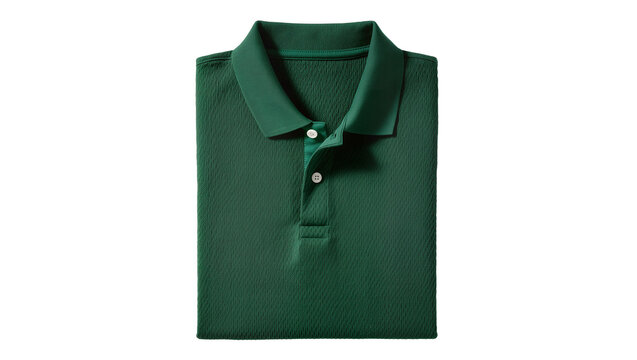 Folded dark green textured polo shirt with white buttons, isolated on transparent background