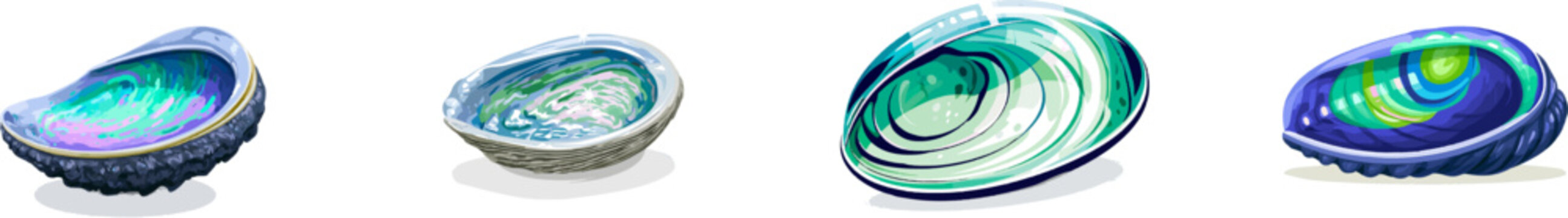 A detailed flat vector illustration of an iridescent abalone shell features a swirling pattern of pearlescent blues, greens, and pinks with clean lines and simple shapes, isolated on a solid white