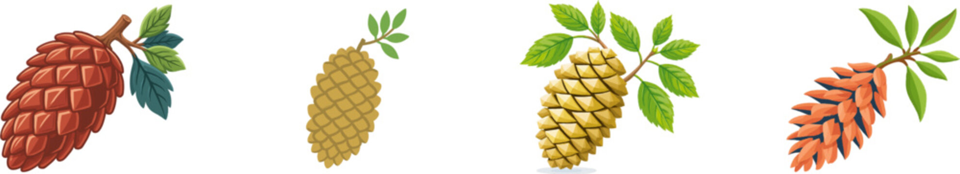 A detailed vector illustration of an alder cone with open geometric scales and green leaves, set against a solid white background