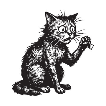 Black and white illustration of a startled cat