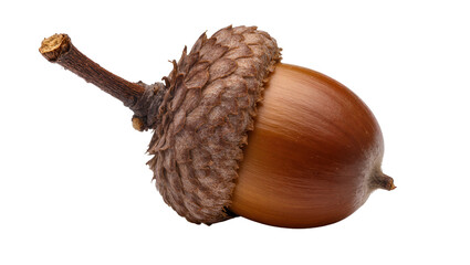 Brown acorn with textured cap and stem, isolated on transparent background © Aliona