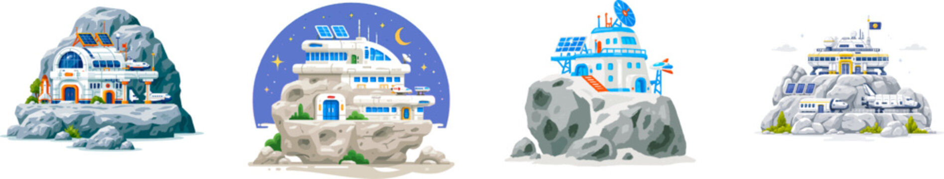 A futuristic asteroid mining station, built into a rugged grey space rock with solar panels and spaceship docking ports, stands isolated on a solid white background