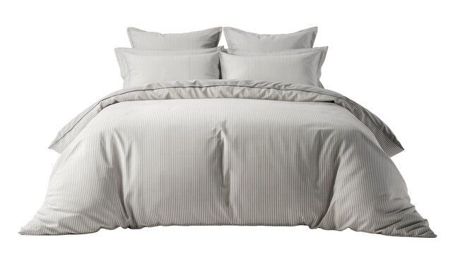 Comfortable striped duvet and pillows neatly arranged on a bed, isolated on transparent background