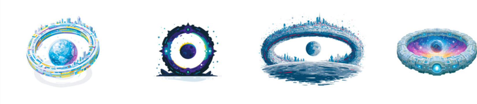 A colossal alien megastructure ring orbits a distant planet, featuring intricate geometric patterns in a cool color palette of blues and purples against a clean white background