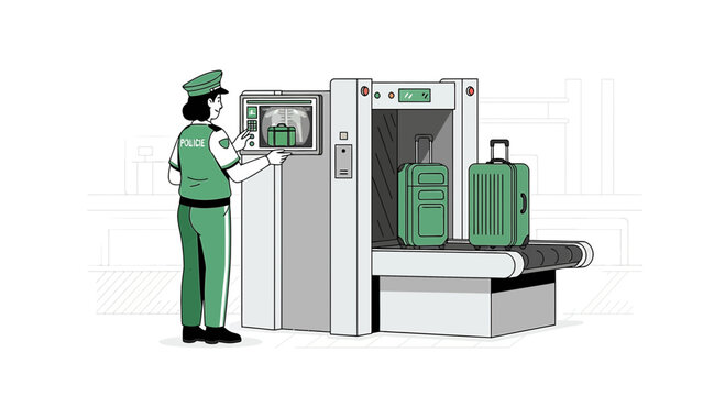 Security Officer Inspecting Luggage at Airport Scanner - Safety & Travel Concept
