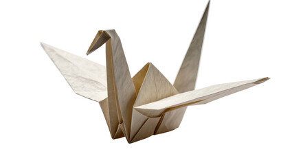 Delicate beige origami crane bird folded paper art, isolated on transparent background