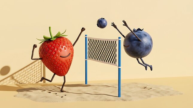 Dua karakter stroberi dan blueberry bertanding bola voli di pasir yang melambangkan semangat kerja sama tim dan kebugaran fisik.