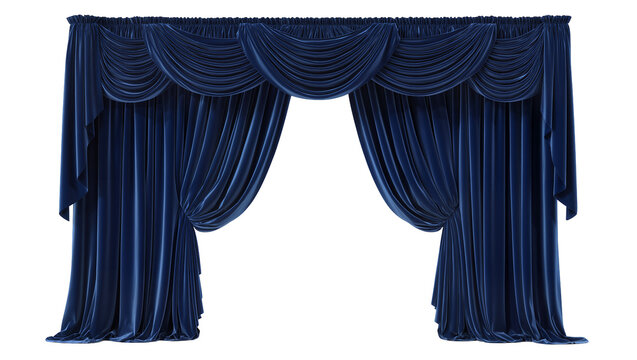 Deep blue velvet stage curtains with swags, isolated on transparent background