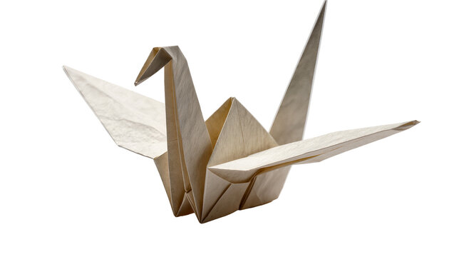 Delicate beige origami crane bird folded paper art, isolated on transparent background