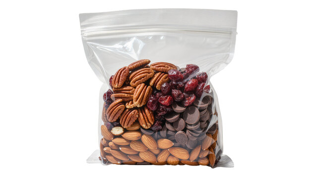 Plastic resealable bag filled with almonds pecans cranberries and chocolate chips, isolated on transparent background