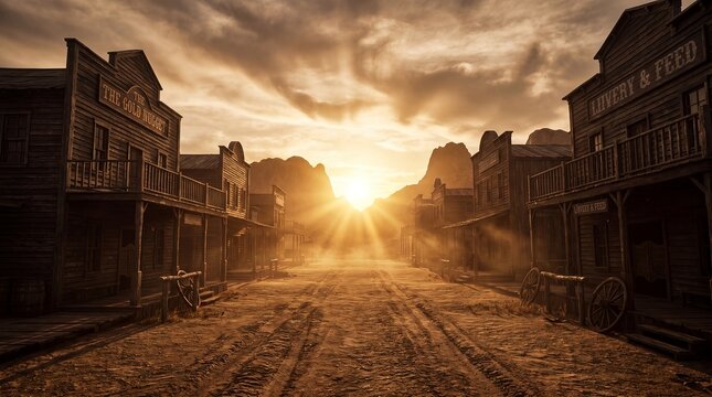 Historical american wild west ghost town with dusty streets and vintage wooden buildings at sunset.