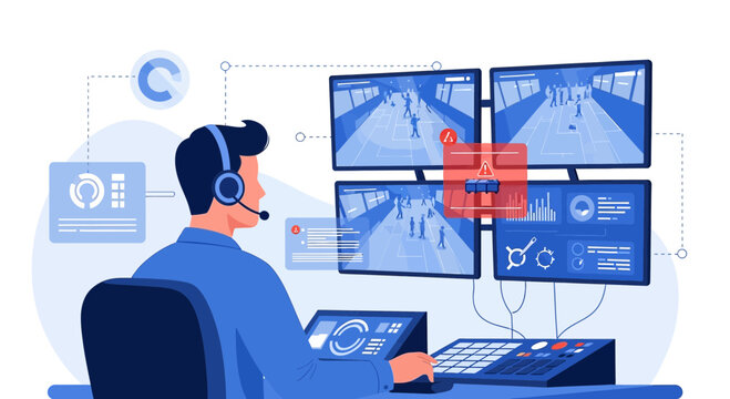 Security operator monitoring surveillance screens in control room
