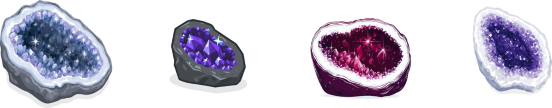 A stunning geode cross-section showcases a large amethyst cathedral filled with countless sparkling purple crystal clusters, encased in a rough rocky outer shell against a solid white background