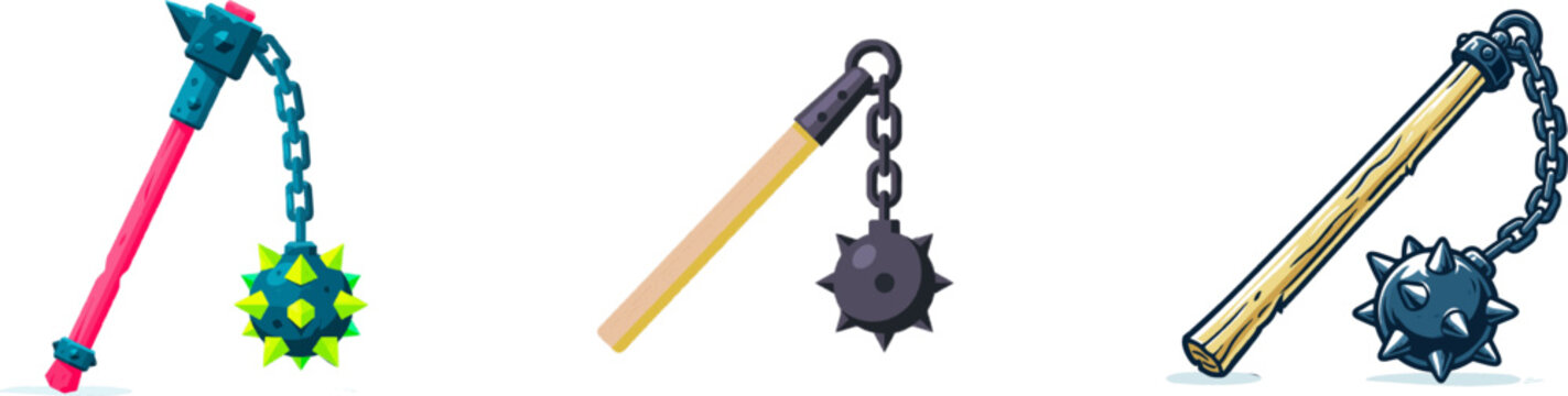 A medieval flat vector icon of a flail weapon with a sturdy wooden handle, heavy iron chain, and a formidable spiked metal ball, isolated on a solid white background