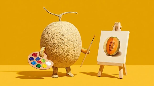 Karakter melon jenaka melukis potret dirinya di atas kanvas dengan kuas melambangkan konsep kreativitas seni dan ekspresi diri visual