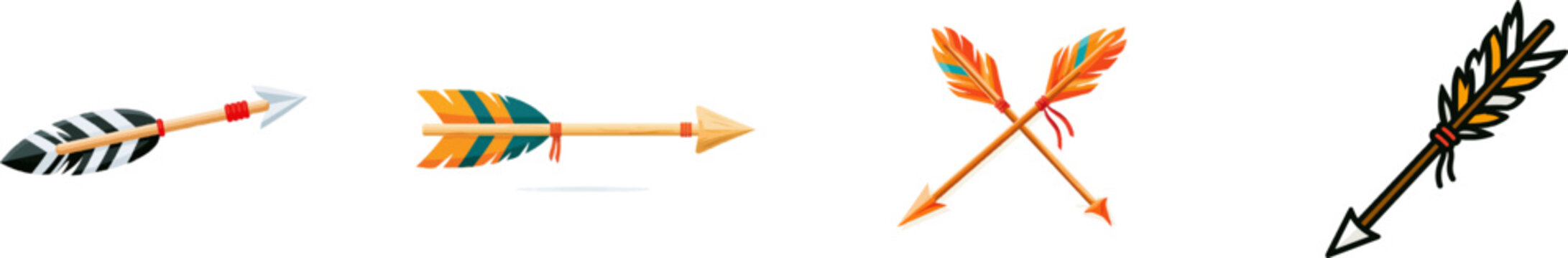 A flat vector icon of an arrow tail features three striped feathers tied to a wooden shaft with red silk thread against a solid white background