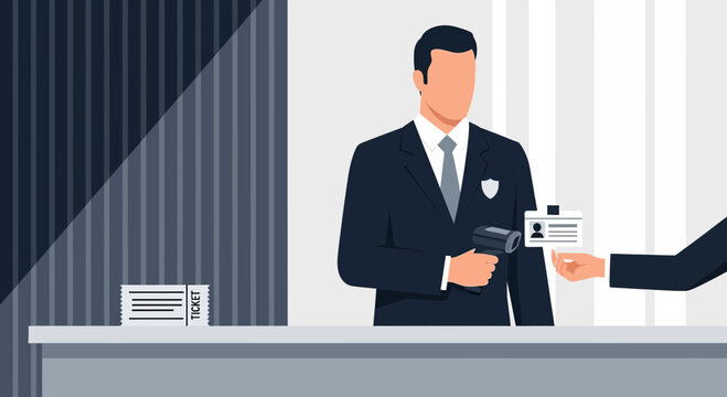 Security Guard Scanning ID Badge at Entrance with Tickets