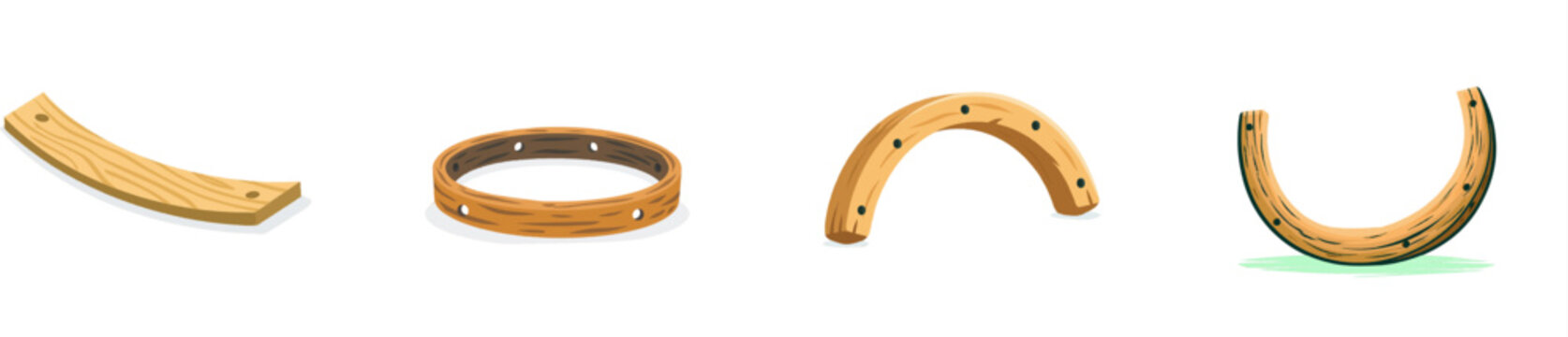 This intricately detailed carpentry flat vector illustration showcases a curved wooden felloe rim section from an antique wagon wheel, featuring clean drilled dowel holes against a solid white