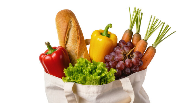 Reusable grocery bag filled with fresh produce and bread