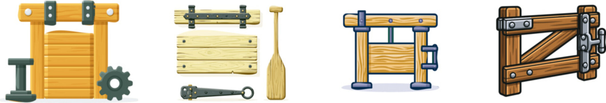 A detailed civil engineering flat vector diagram of a water floodgate showcases its wicket beam assembly with a thick wooden paddle and large iron hinge against a solid white background