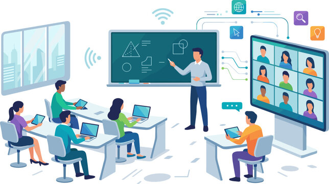 Modern classroom with teacher, students using laptops and tablets, video conference screen with online learners, hybrid learning, digital education technology concept