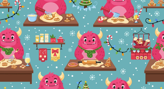 Cute Pink Monster Baking Christmas Cookies Seamless Pattern