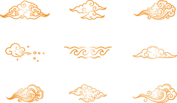 Collection of nine orange swirling cloud and wave ornaments clouds swirling clouds