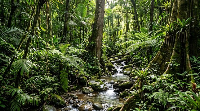 Tropical stream flowing through a lush green rainforest