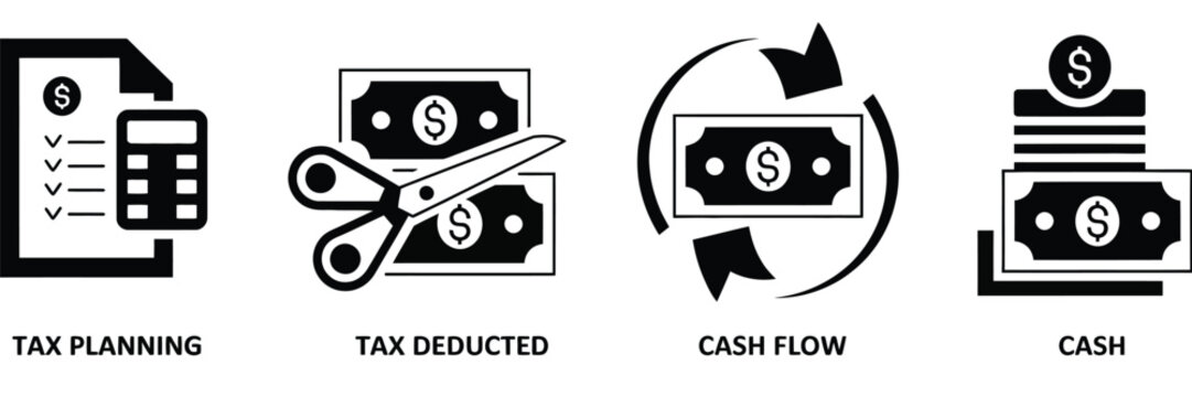 Tax planning and financial management icon set featuring corporate deductions cash flow circulation and dollar stack vector graphic elements