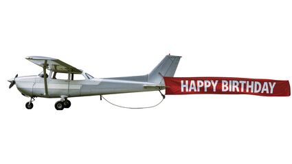 Small airplane towing red banner with Happy Birthday text © Gabriela