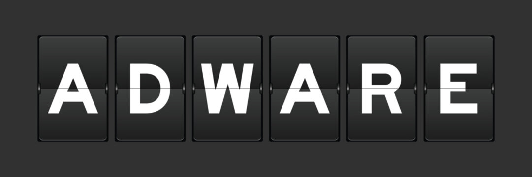 Black color analog flip board with word adware on gray background