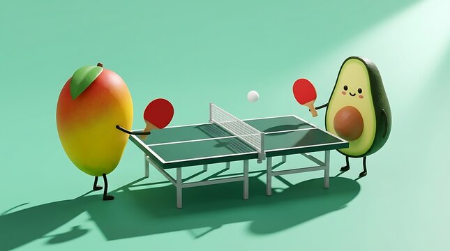 Karakter mangga dan alpukat bermain tenis meja bersama melambangkan gaya hidup aktif kesehatan olahraga dan kompetisi persahabatan menyenangkan