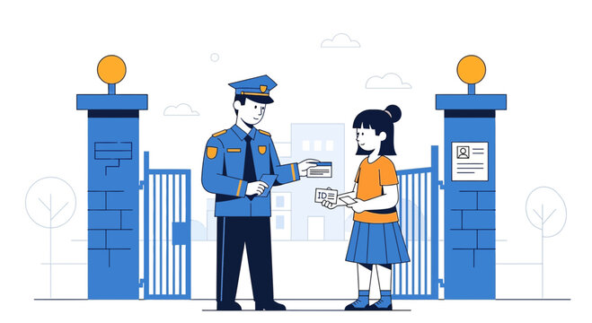 Security Guard Checks ID Card of Girl at School Gate