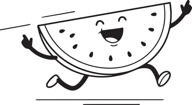 A happy cartoon watermelon slice character running with a smile