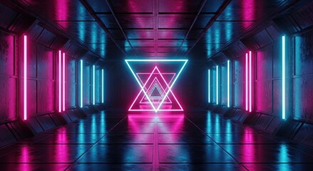 Fototapeta premium Futuristic Sci-Fi Corridor with Glowing Pink and Blue Neon Lights and Abstract Geometric Triangles