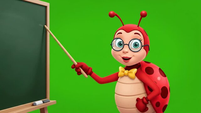 Cute Ladybug Character Teaching at Blackboard with Pointer in Studio Lighting