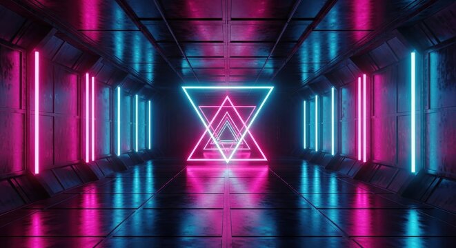 Futuristic Sci-Fi Corridor with Glowing Pink and Blue Neon Lights and Abstract Geometric Triangles