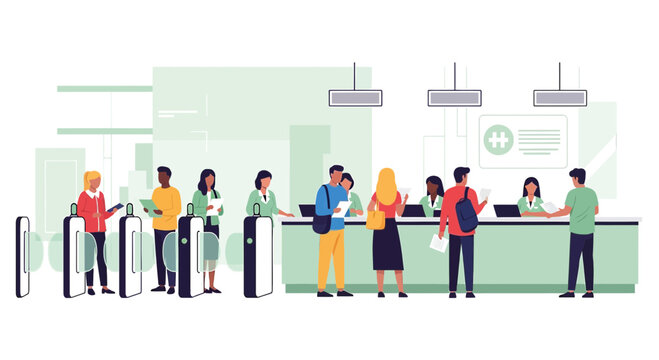 People queuing at bank teller counters and turnstiles, modern interior, flat illustration.