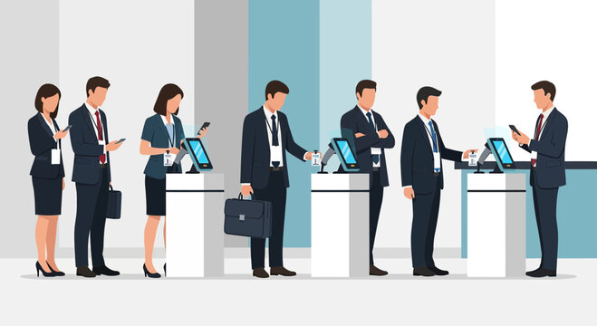 People queuing at modern service counters for digital transactions or inquiries.