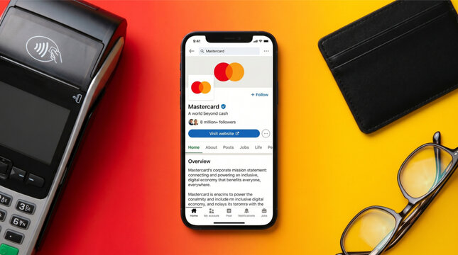 Smartphone displaying Mastercard company profile on LinkedIn social network platform in a workspace environment with payment terminal card reader black leather wallet and glasses on red background.