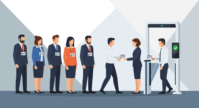 People queuing for entry, showing ID badges at security checkpoint and digital access.