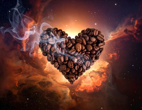 Coffee Bean Heart in a Cosmic Nebula - A Love for Coffee.