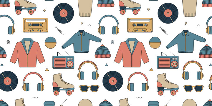 Retro seamless pattern with vintage roller skates, cassette tapes, vinyl records, headphones, sunglasses, and jackets for nineties nostalgia background design.