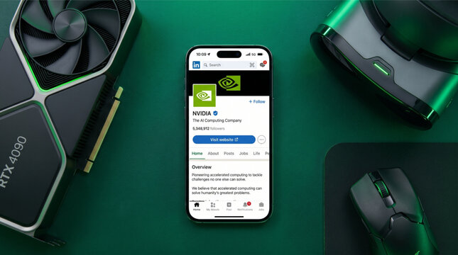 Smartphone displaying NVIDIA The AI Computing Company Profile on LinkedIn in a high-end tech workspace environment with GeForce RTX 4090 graphics card, VR headset and gaming mouse on green desk